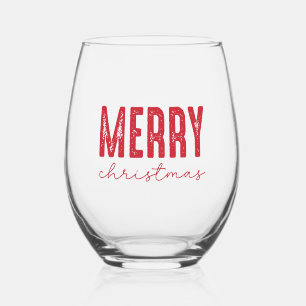 Merry Christmas Red Typography Stemless Wine Glass