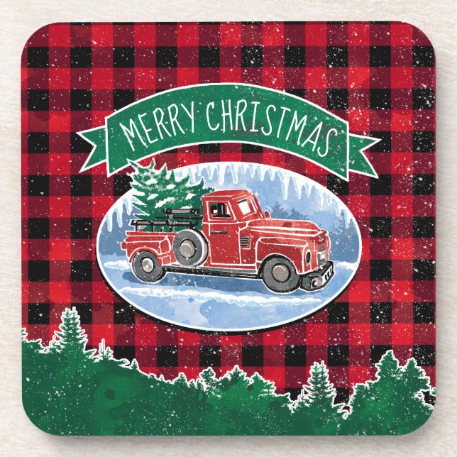 Merry Christmas Red Vintage Truck Buffalo Plaid Coaster (Front)