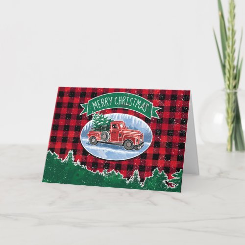 Merry Christmas Red Vintage Truck Buffalo Plaid Holiday Card