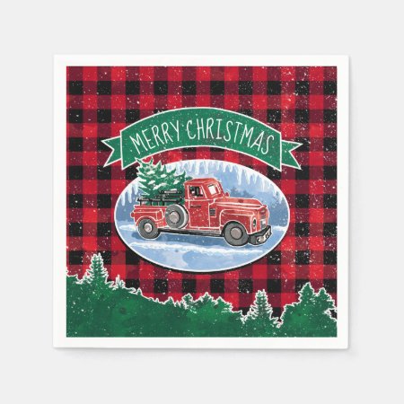 Merry Christmas Red Vintage Truck Buffalo Plaid Napkins