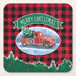 Merry Christmas Red Vintage Truck Buffalo Plaid Square Paper Coaster