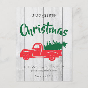 Merry Christmas Red Vintage Truck Tree Holiday  Postcard