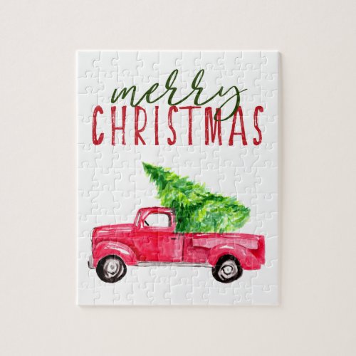 Merry Christmas Red Vintage Truck Tree Watercolor Jigsaw Puzzle