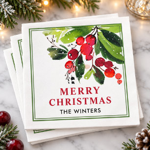 Merry Christmas Red Watercolor Berry Green Frame Paper Napkins