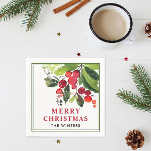 Merry Christmas Red Watercolor Berry Green Frame Paper Napkins