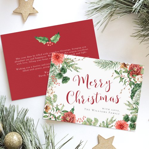 Merry Christmas Red Watercolor Floral Holiday Card