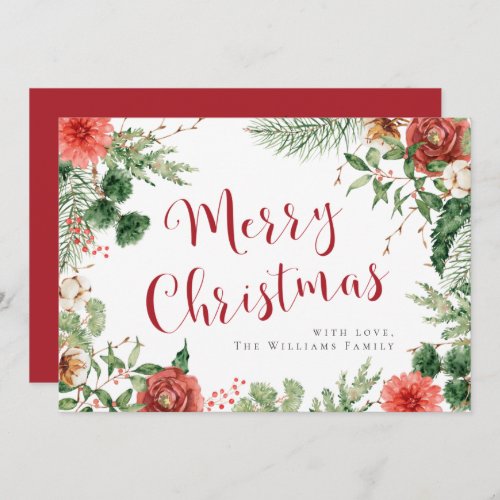 Merry Christmas Red Watercolor Floral Holiday Card