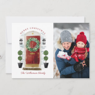 Merry Christmas Red Watercolor Front Door Photo Holiday Card