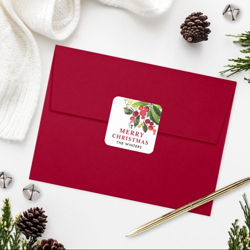 Merry Christmas Red Watercolor Greenery Monogram Square Sticker