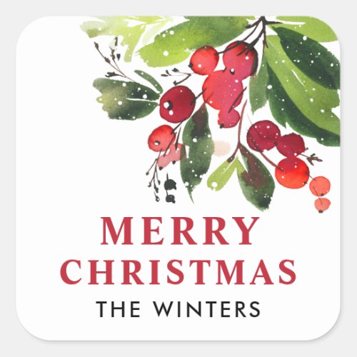 Merry Christmas Red Watercolor Greenery Monogram Square Sticker