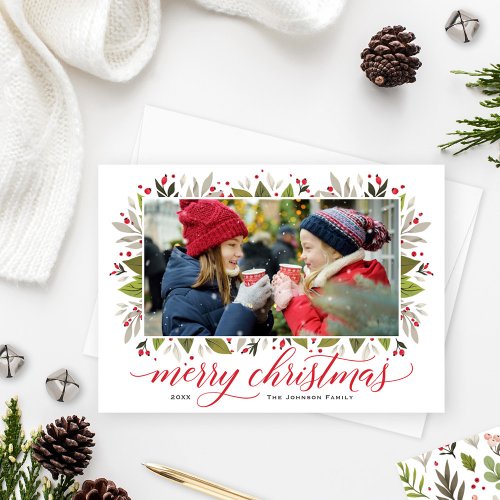 Merry Christmas Red Watercolor Greenery Photo Holiday Card