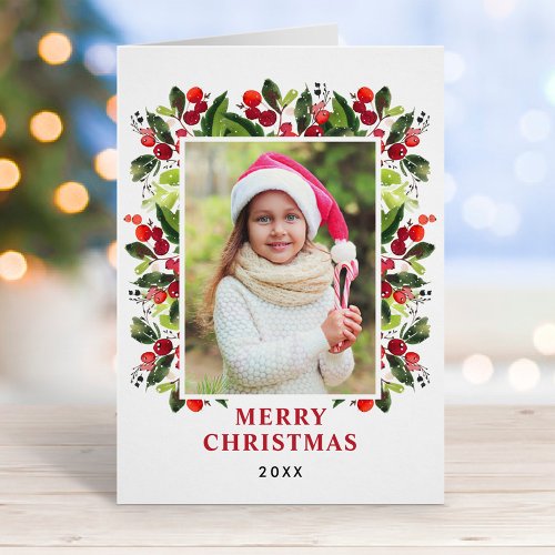 Merry Christmas Red Watercolor Greenery Photo Holiday Card