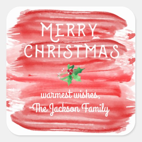 Merry Christmas Red Watercolor Holly Custom Square Sticker