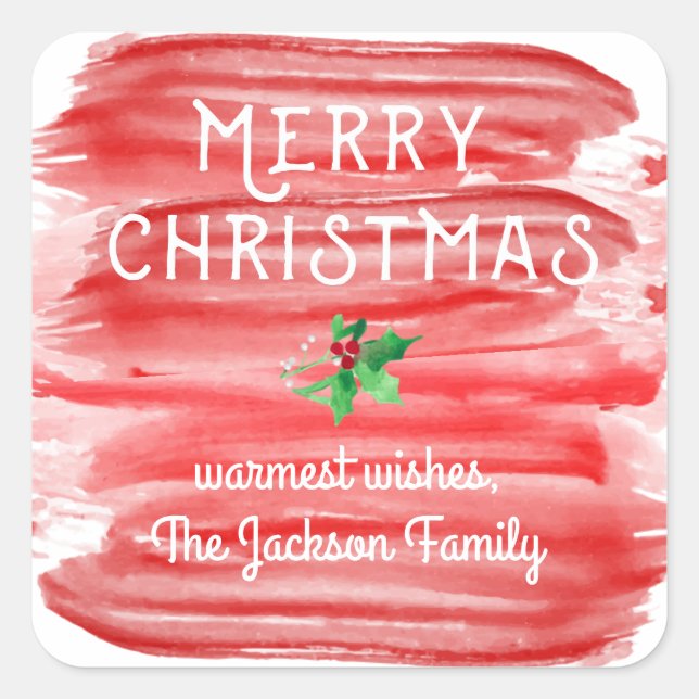 Merry Christmas Red Watercolor Holly Custom Square Sticker (Front)
