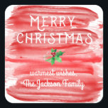 Merry Christmas Red Watercolor Holly Custom Square Sticker<br><div class="desc">Celebrate the season with these fun stickers featuring hand-lettered "Merry Christmas" wording set against a painterly red watercolor background. A festive sprig of holly is centered above your custom greeting and name. Creative and artsy with a bit of a retro/vintage in style - holiday stickers that are sure to make...</div>