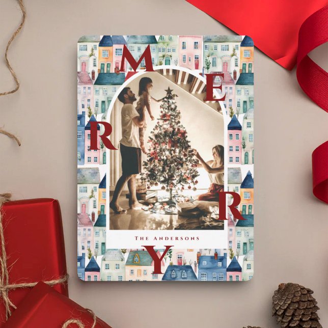 Merry Christmas Red Watercolor Houses Arch Photo   Holiday Card (Creator Uploaded)