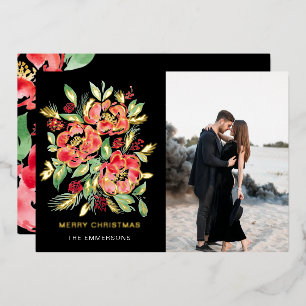 Merry Christmas red watercolor roses  Foil Holiday Card
