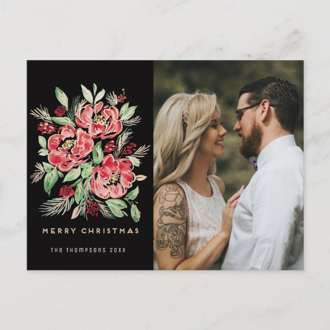 Merry Christmas red watercolor roses  photo Holiday Postcard (Front)