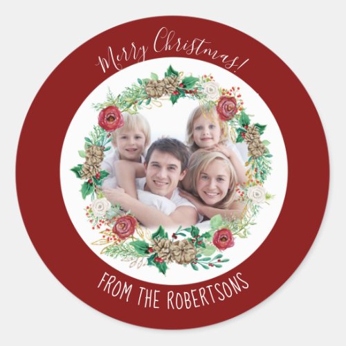 Merry Christmas Red Watercolor Wreath Family Photo Classic Round Sticker