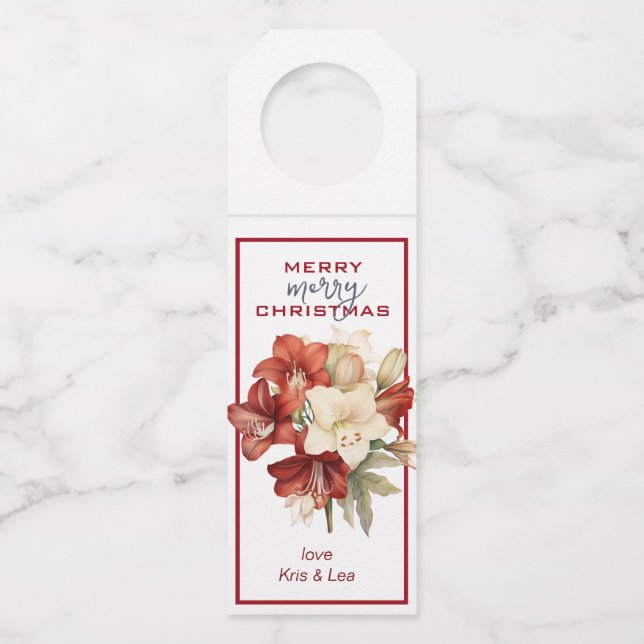 Merry Christmas Red & White Amaryllis  Bottle Hanger Tag (Front)