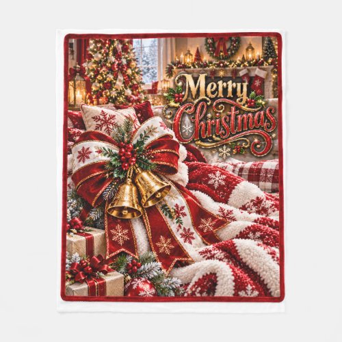 Merry Christmas Red &amp; White Bow and Gold Bells Hol Fleece Blanket