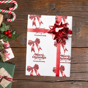 Merry Christmas red white bow retro Wrapping Paper