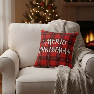 merry christmas red white buffalo plaid tartan throw pillow