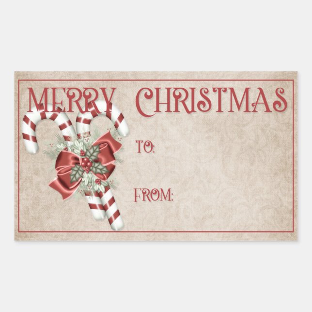 Merry Christmas | Red & White Candy Canes Rectangular Sticker (Front)