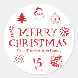 Merry Christmas red white custom name cute favor Classic Round Sticker