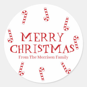 Merry Christmas red white custom name gift favor Classic Round Sticker