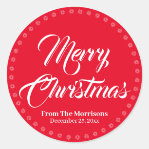 Merry Christmas red white custom script name favor Classic Round Sticker