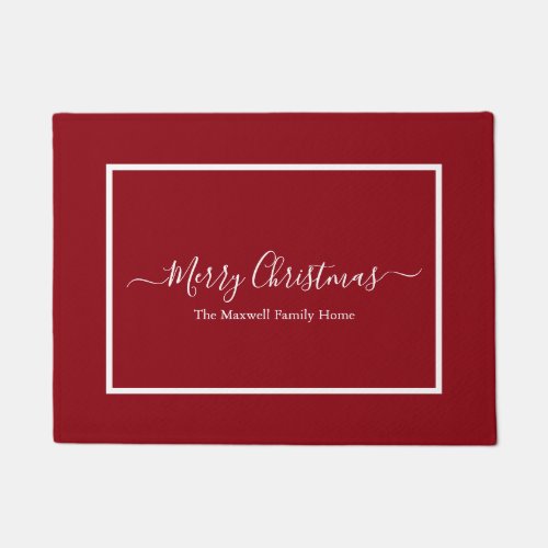 Merry Christmas red white family name  Doormat