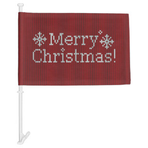 Merry Christmas Red & White Faux Knit Car Flag