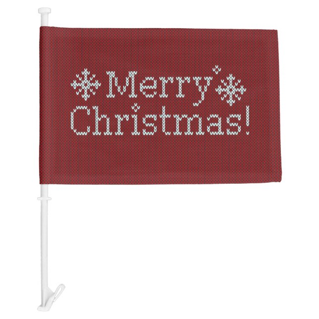 Merry Christmas Red & White Faux Knit  Car Flag (Front)
