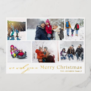 MERRY CHRISTMAS red white gold 12 Photo Collage Foil Holiday Card
