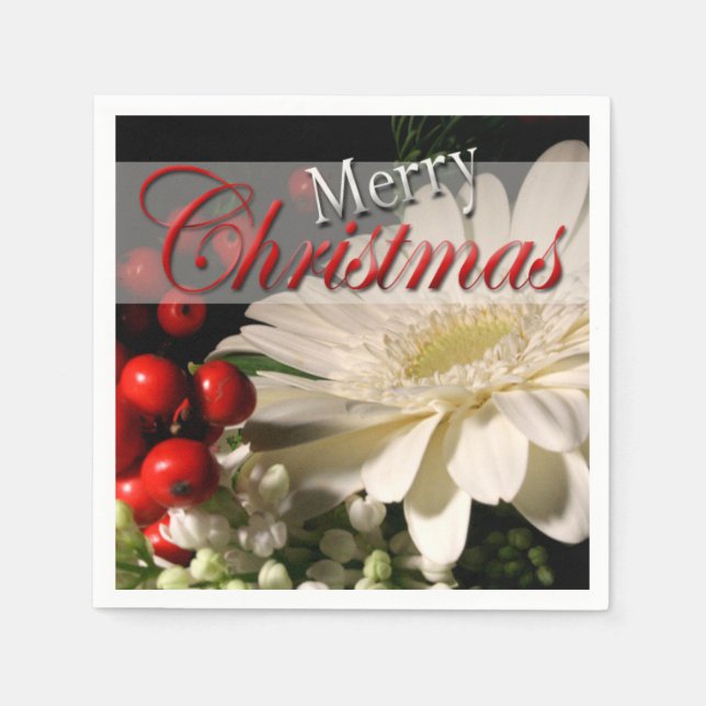 Merry Christmas Red White Holiday Flowers Paper Napkins (Front)