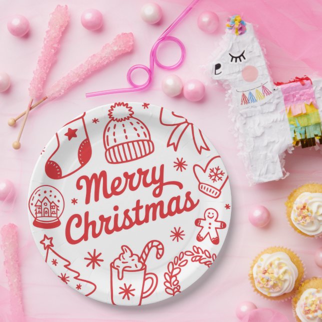 Merry Christmas Red & White Holiday Paper Plate (Party)