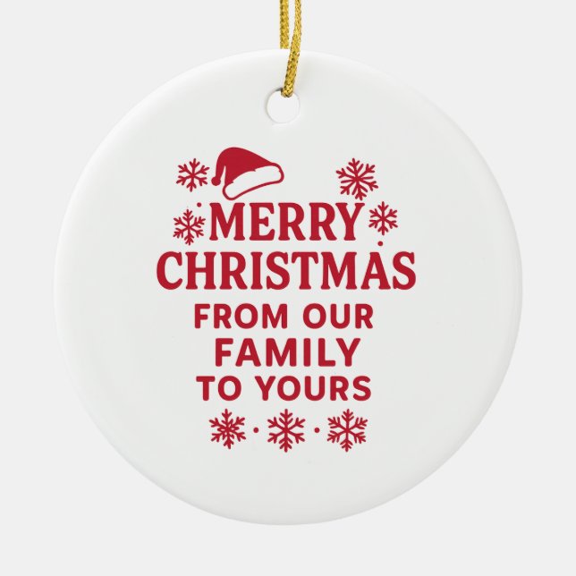 Merry Christmas red white modern family greetings Ceramic Ornament (Front)