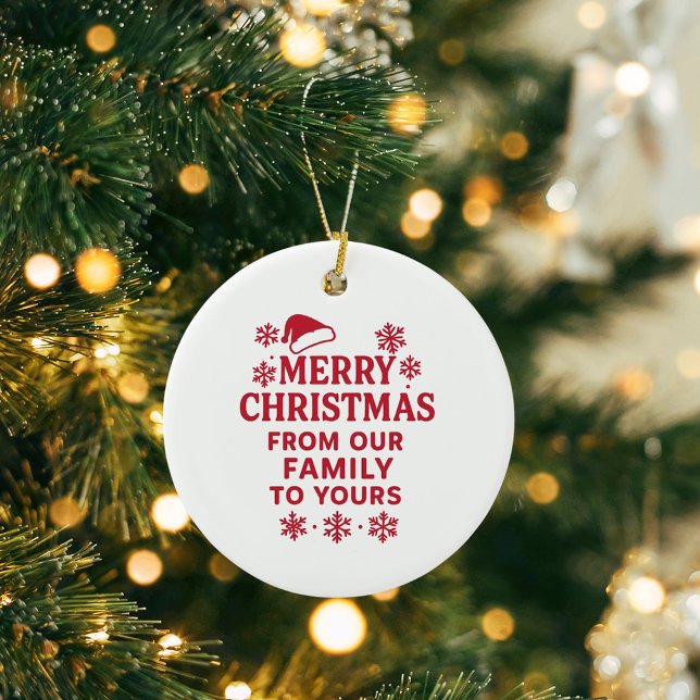Merry Christmas red white modern family greetings Ceramic Ornament (Creator Uploaded)