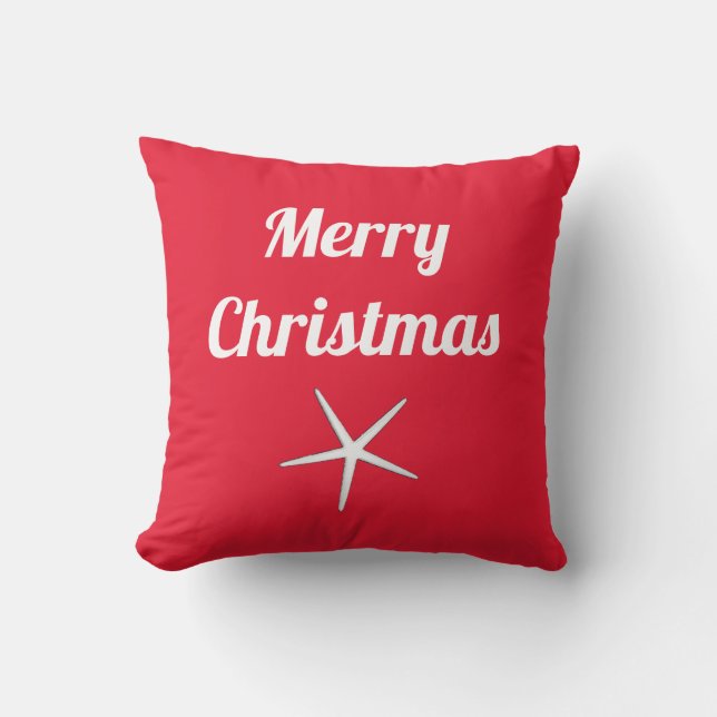 Merry Christmas Red White Nautical Starfish Gift Outdoor Pillow (Front)