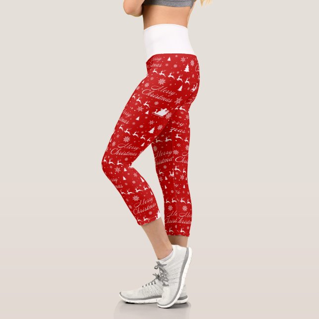 Merry Christmas Red & White Pattern Capri Leggings (Left)