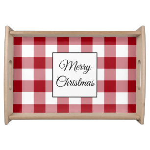 Merry Christmas Red White Plaid Checks Serving Tray