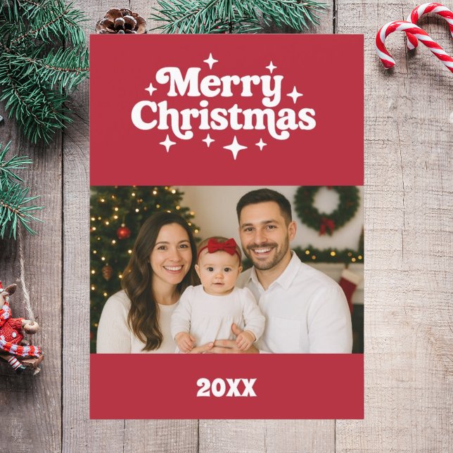 Merry Christmas red white retro photo card (Creator Uploaded)