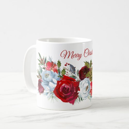 Merry Christmas Red White Roses Holly Pine Cones C Coffee Mug