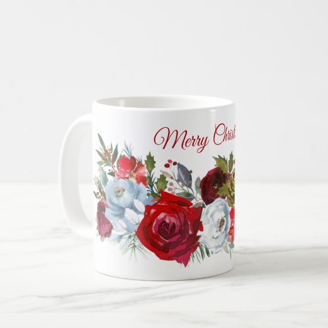 Merry Christmas Red White Roses Holly Pine Cones C Coffee Mug (Front Left)
