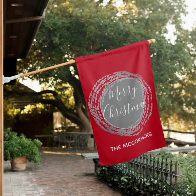 Merry Christmas Red White Silver Personalized House Flag (In SItu)