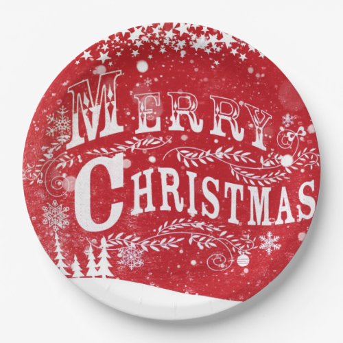 Merry christmas red white snow paper plates