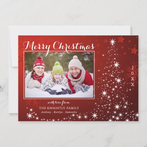 Merry Christmas Red White Star Tree Photo Holiday Card