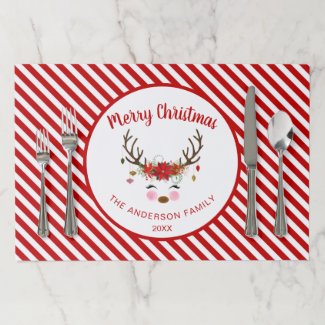 Merry Christmas Red White Stripe Reindeer Custom Paper Placemat