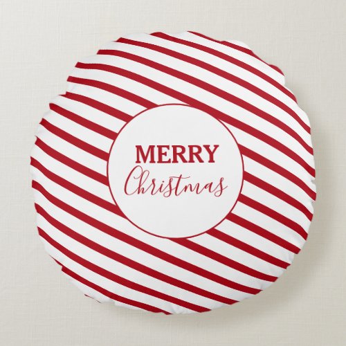 Merry Christmas Red  White Stripes Candy Cane Round Pillow